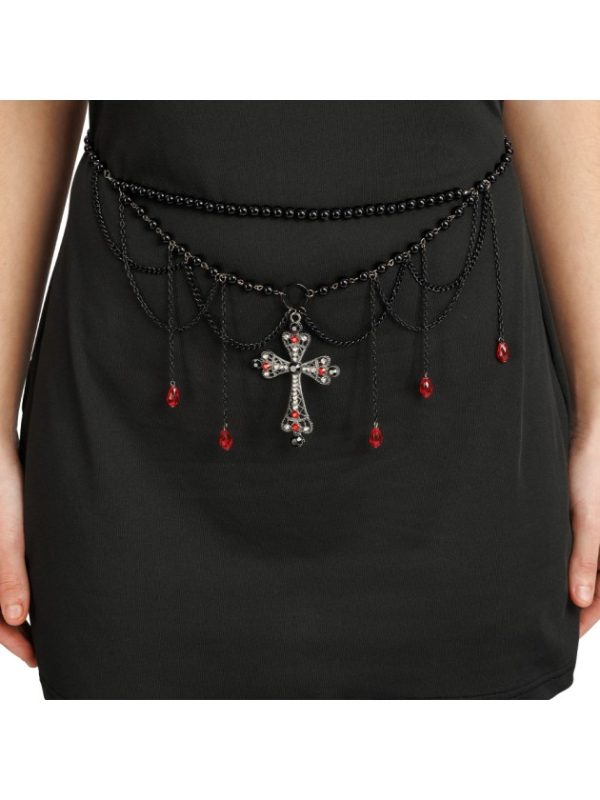 Ceinture gothique femme perles noires et croix rouge