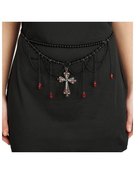 Ceinture gothique femme perles noires et croix rouge