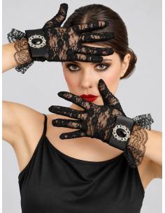 Gants gothiques femme en dentelle noire avec pierre – 25 cm