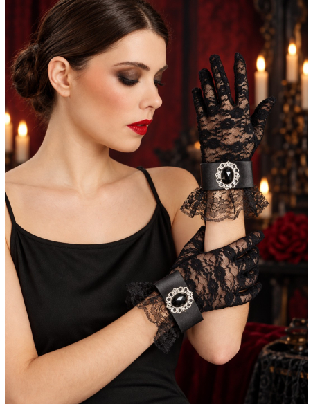 Gants gothiques femme en dentelle noire avec pierre – 25 cm