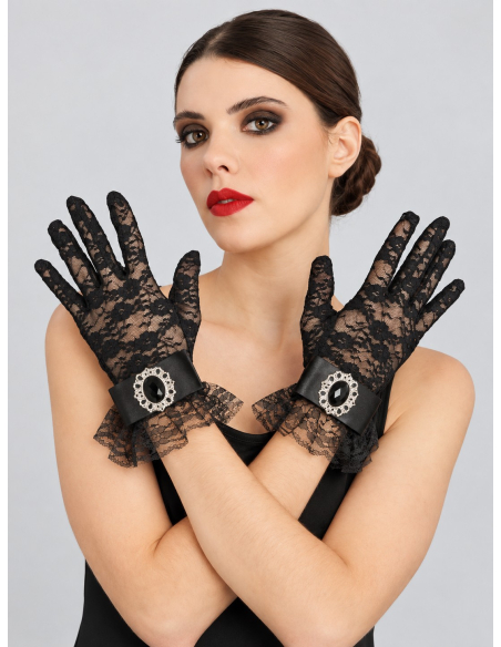 Gants gothiques femme en dentelle noire avec pierre – 25 cm