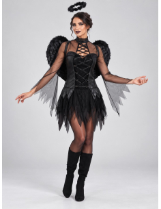 Déguisement ange noir femme 3 pièces – Robe, ailes et auréole