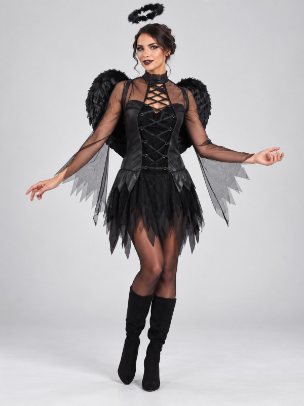 Déguisement ange noir femme 3 pièces – Robe, ailes et auréole