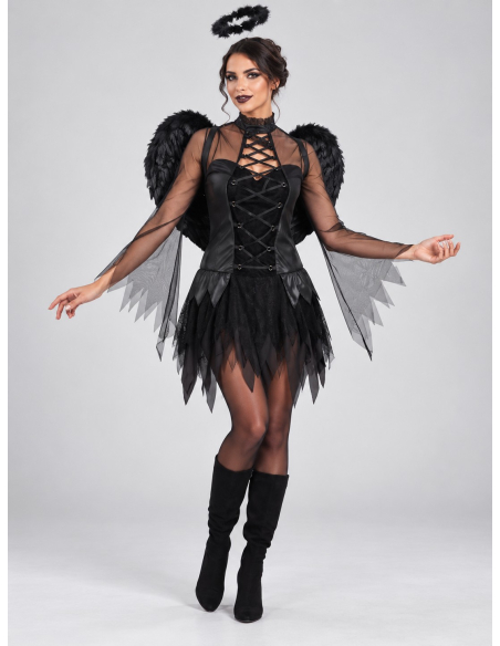 Déguisement ange noir femme 3 pièces – Robe, ailes et auréole