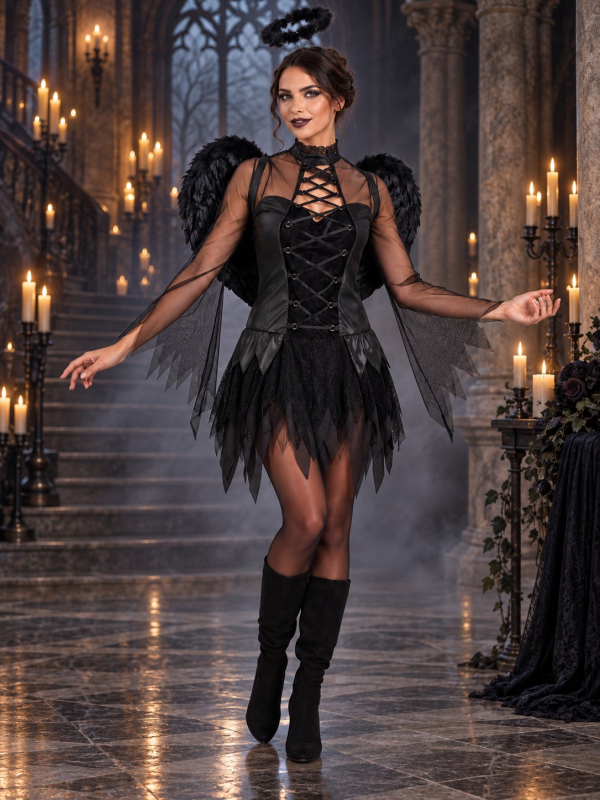 Déguisement ange noir femme 3 pièces – Robe, ailes et auréole