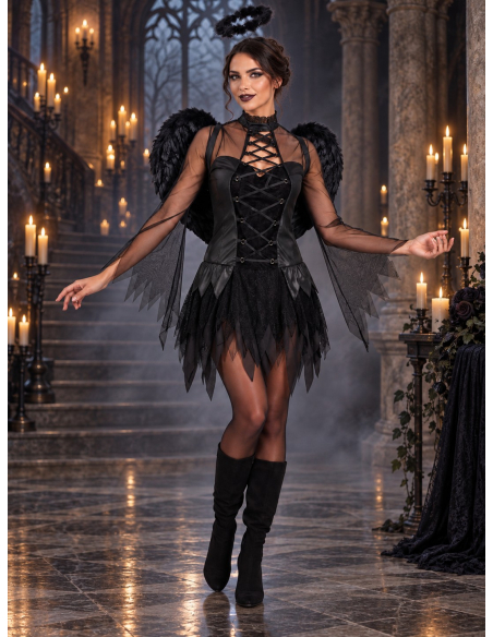 Déguisement ange noir femme 3 pièces – Robe, ailes et auréole