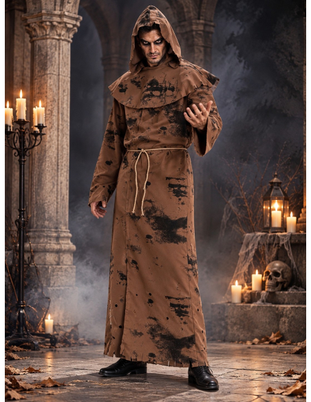 Déguisement moine zombie homme – Tunique, capuche et corde