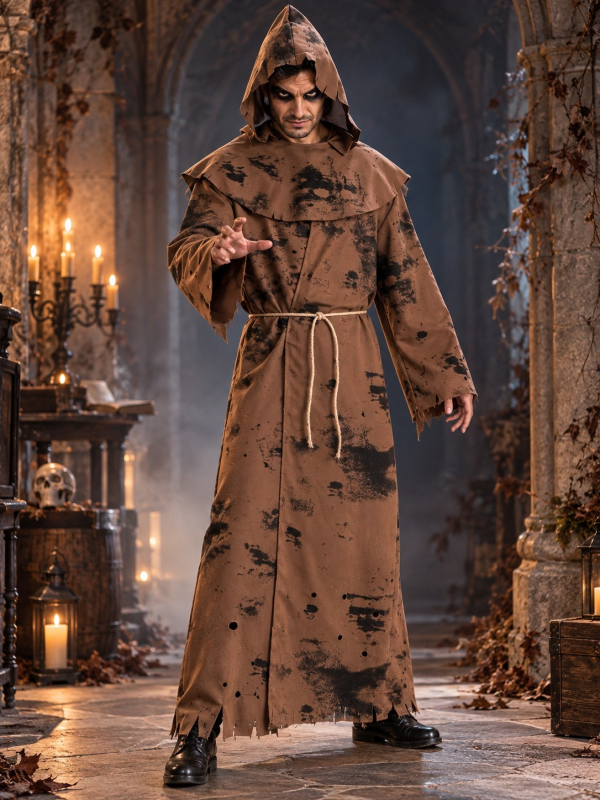 Déguisement moine zombie homme – Tunique, capuche et corde