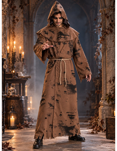 Déguisement moine zombie homme – Tunique, capuche et corde