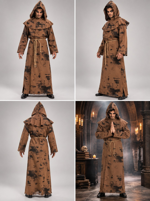 Déguisement moine zombie homme – Tunique, capuche et corde