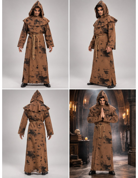 Déguisement moine zombie homme – Tunique, capuche et corde