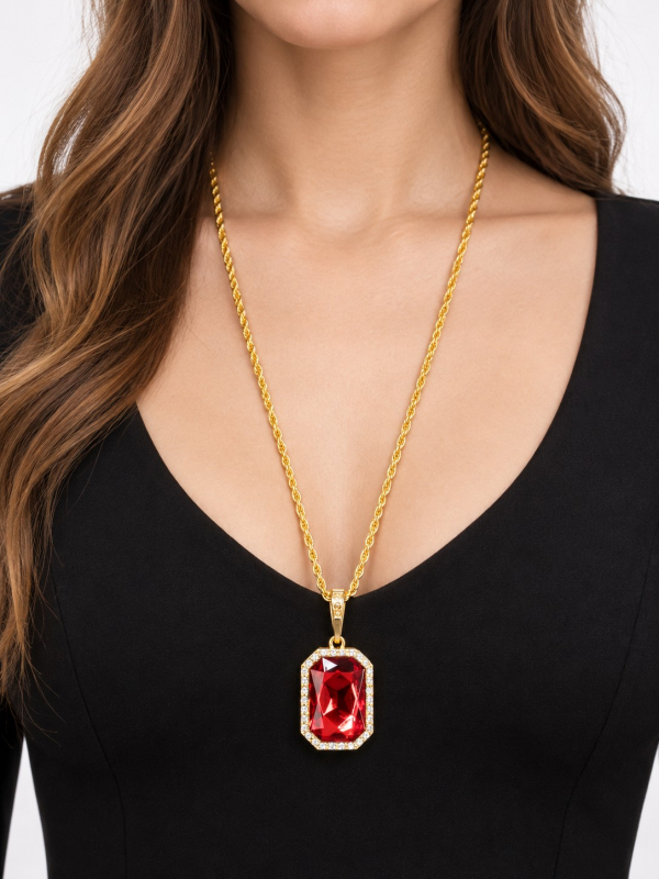 Collier gothique pendentif rouge effet rubis – 72 cm