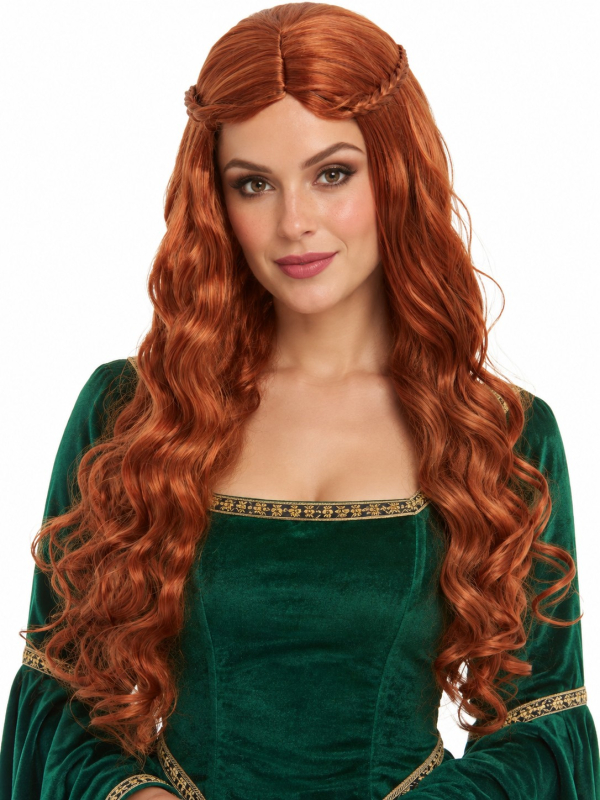 Perruque princesse médiévale auburn longue avec tresses face