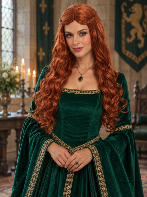 Perruque princesse médiévale auburn longue avec tresses