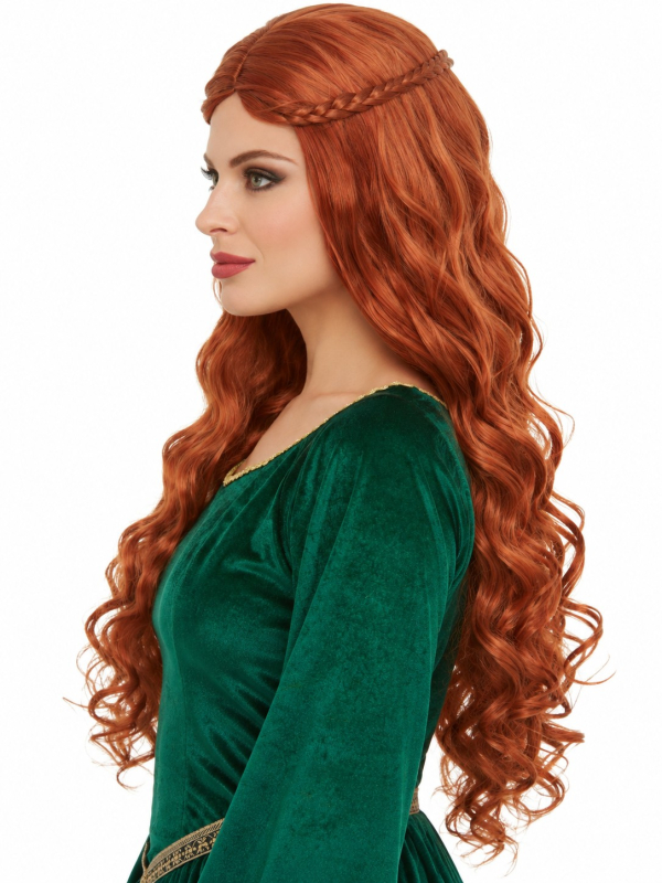 Perruque princesse médiévale auburn longue avec tresses profil