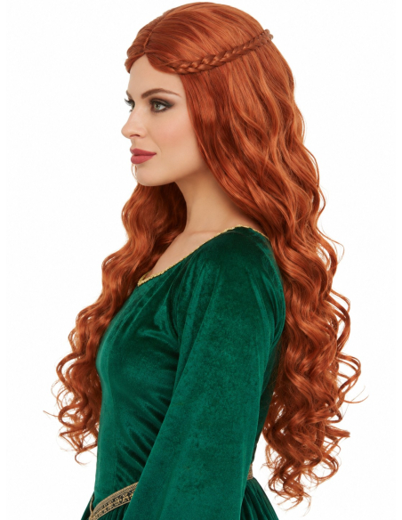 Perruque princesse médiévale auburn longue avec tresses profil
