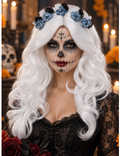 Perruque Día de los Muertos femme blanche avec fleurs