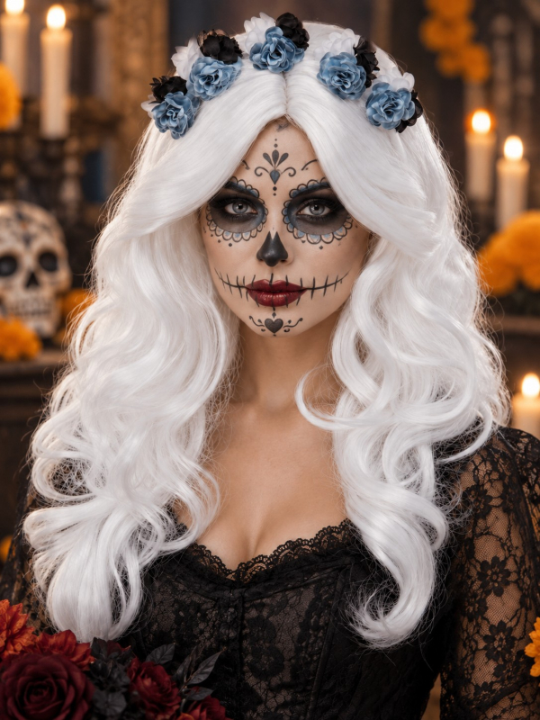 Perruque Día de los Muertos femme blanche avec fleurs