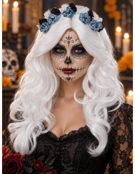 Perruque Día de los Muertos femme blanche avec fleurs