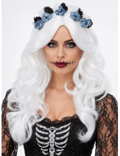 Perruque Día de los Muertos femme blanche avec fleurs 2