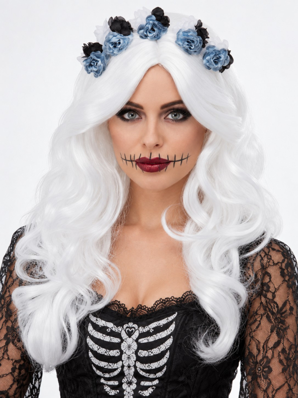 Perruque Día de los Muertos femme blanche avec fleurs