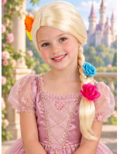 Perruque princesse enfant blonde à longue tresse fleurie face