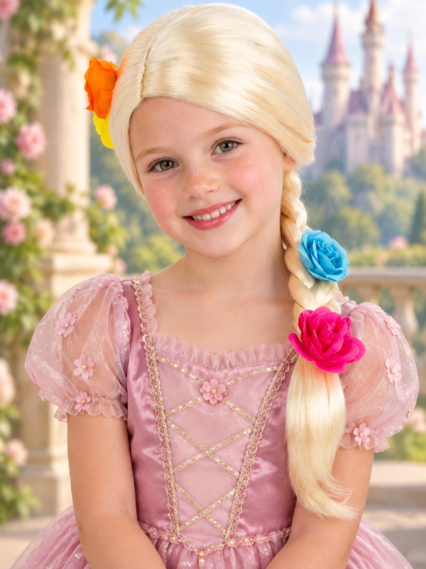 Perruque princesse enfant blonde à longue tresse fleurie face