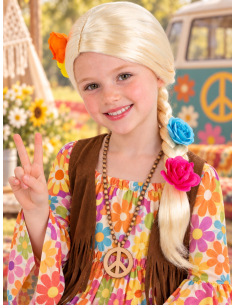 Perruque princesse enfant blonde à longue tresse fleurie face 2