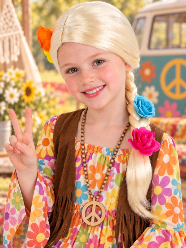 Perruque princesse enfant blonde à longue tresse fleurie portée en mode hippie
