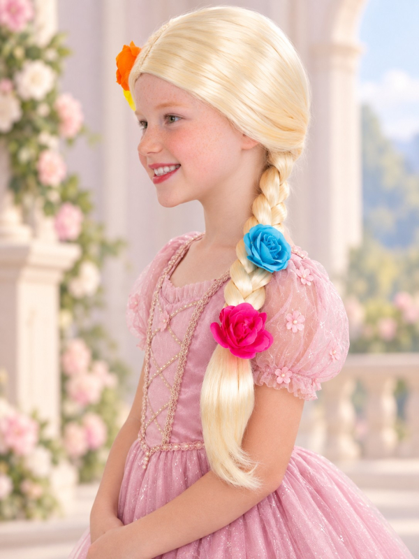 Perruque princesse enfant blonde à longue tresse fleurie profile