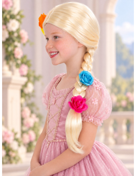 Perruque princesse enfant blonde à longue tresse fleurie profile