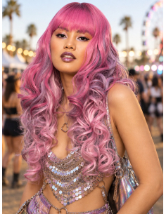 Perruque rose femme longue bouclée à frange – Manic Panic® face