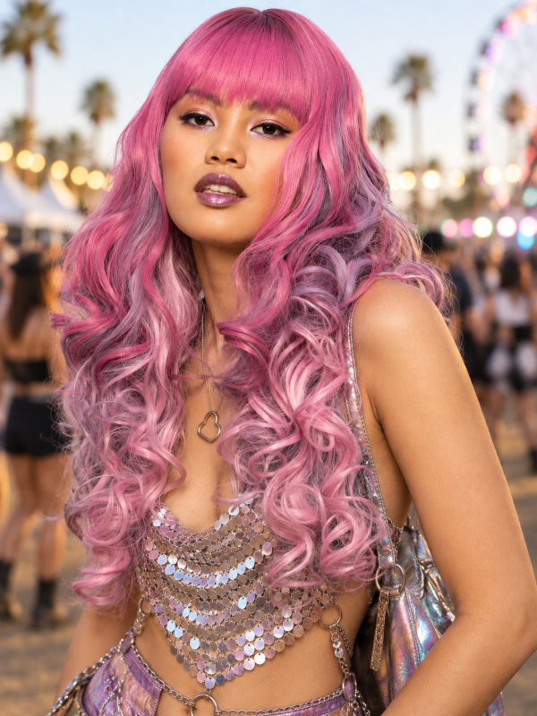 Perruque rose femme longue bouclée à frange – Manic Panic® face