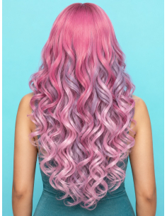 Perruque rose femme longue bouclée à frange – Manic Panic® face 2