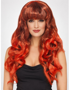 Perruque rouge femme longue bouclée avec frange face 2
