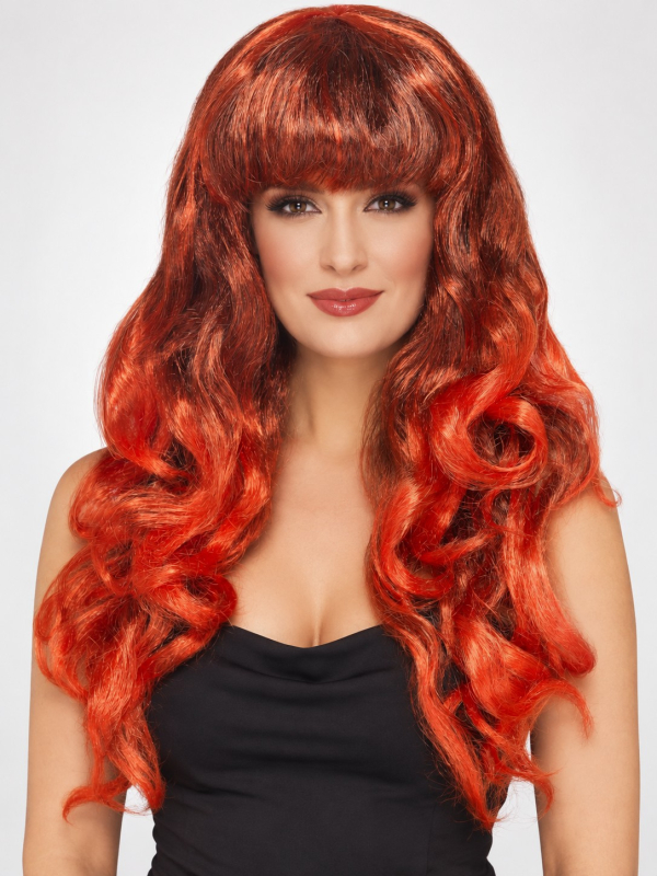 Perruque rouge femme longue bouclée avec frange face 2