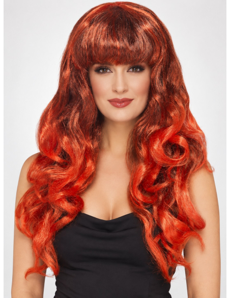 Perruque rouge femme longue bouclée avec frange face 2