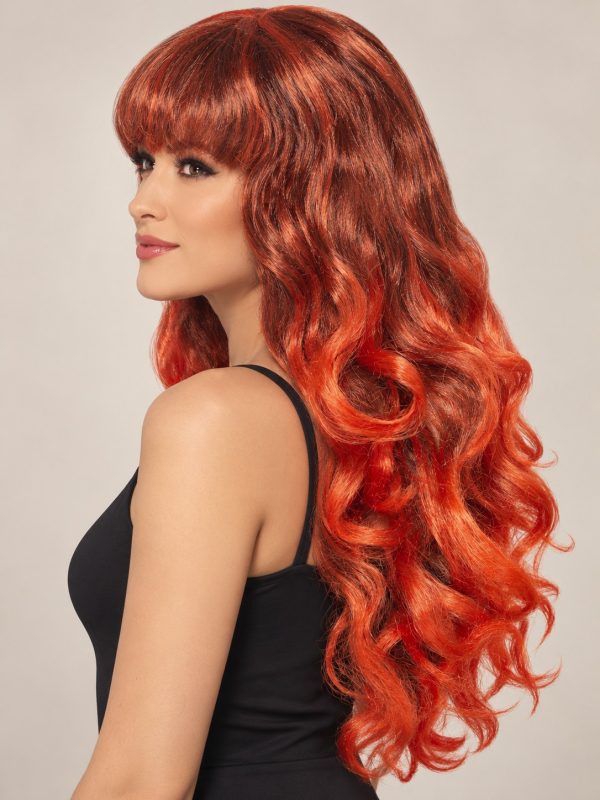 Perruque rouge femme longue bouclée avec frange profil