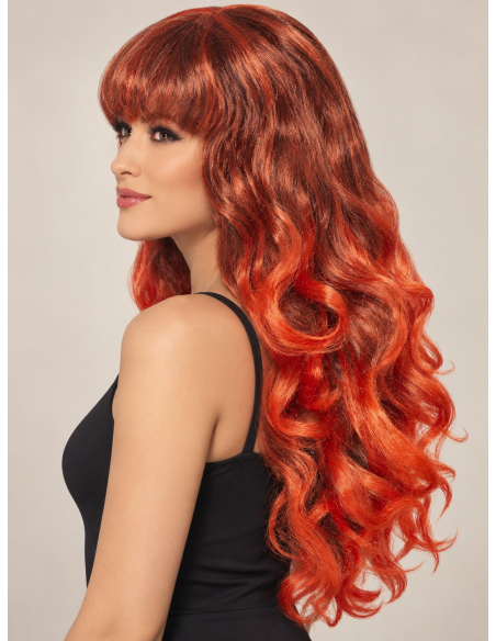 Perruque rouge femme longue bouclée avec frange profil