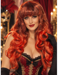 Perruque rouge femme longue bouclée avec frange face