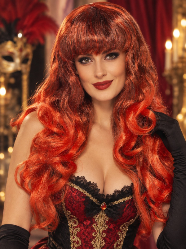 Perruque rouge femme longue bouclée avec frange face