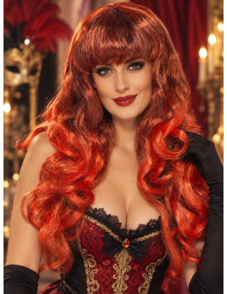 Perruque rouge femme longue bouclée avec frange face