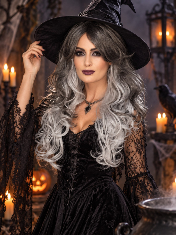 Perruque grise femme longue ondulée – Halloween gothique