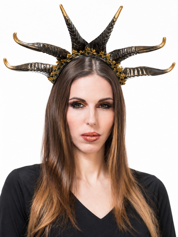 Serre-tête cornes femme noir doré – Méduse / Gorgone Halloween