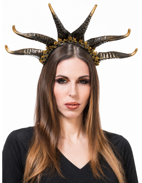 Serre-tête cornes femme noir doré – Méduse / Gorgone Halloween