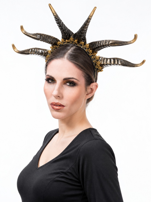 Serre-tête cornes femme noir doré – Méduse / Gorgone Halloween
