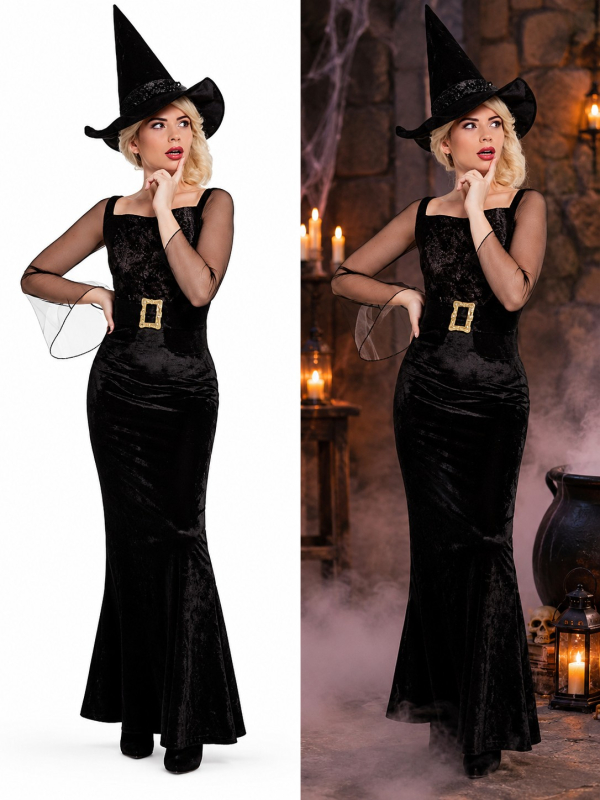 Déguisement sorcière femme noir et doré – Robe longue et chapeau