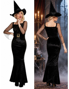Déguisement sorcière femme noir et doré – Robe longue et chapeau