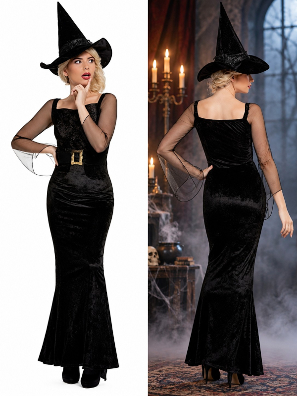Déguisement sorcière femme noir et doré – Robe longue et chapeau