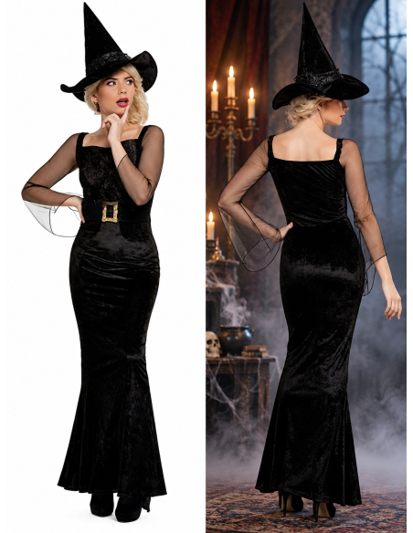 Déguisement sorcière femme noir et doré – Robe longue et chapeau